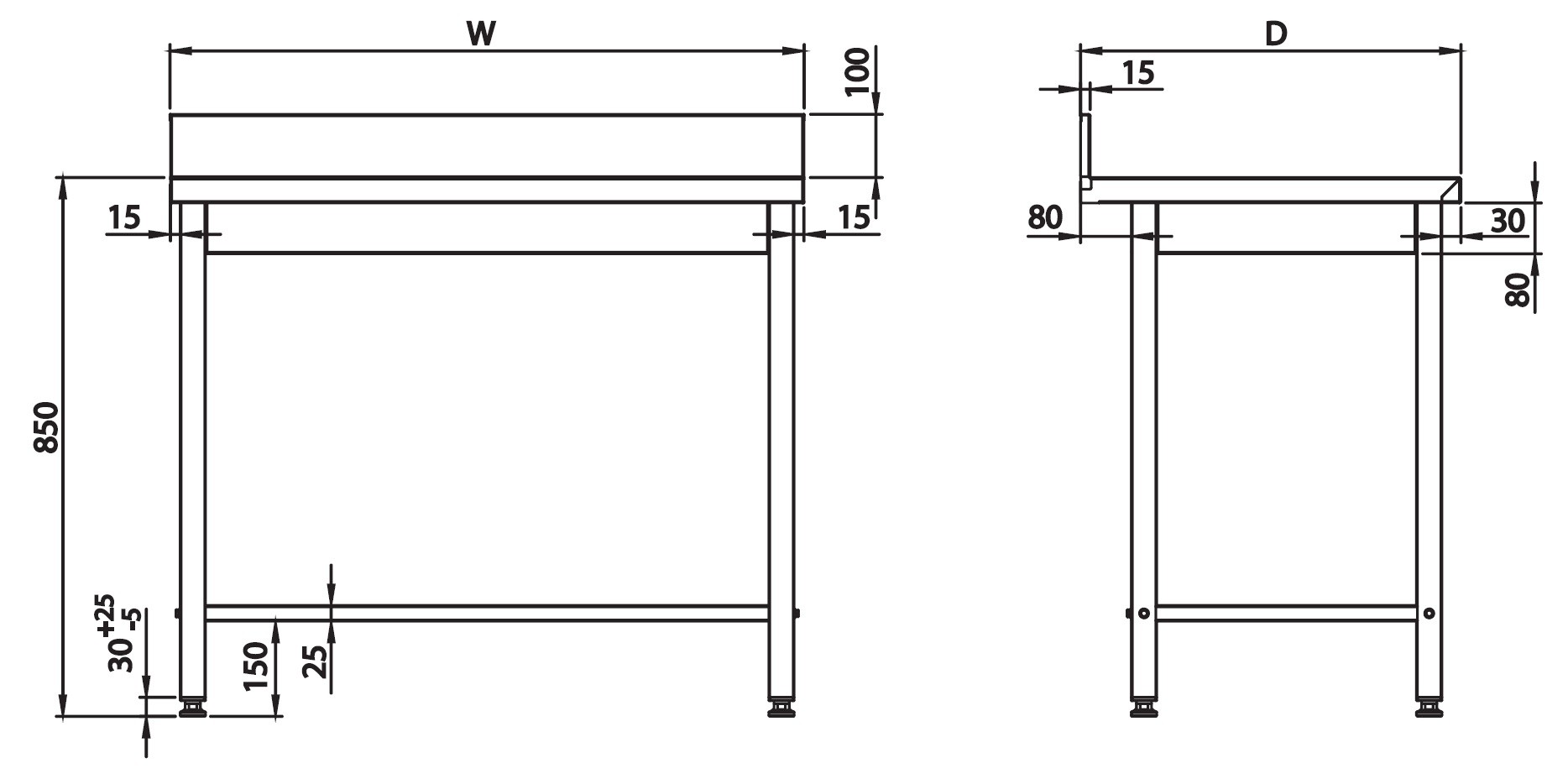 Mesa Mural acero inoxidable AISI 201 sin estante 1500x700x850 mm MM157S Línea Varsovia-37 Kg (950027