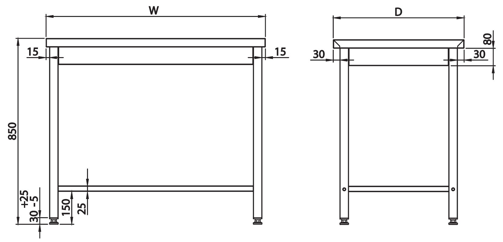 Mesa Central acero inoxidable AISI 201 sin estante 1000x700x850 mm MC107S Línea Varsovia (950087100)